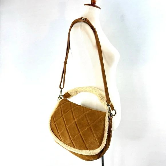 SUNDANCE Tan Suede Leather Quilted Shearling Lined Shoulder Bag NWOT - Picture 5 of 13